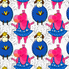 Doodle Pink Hippo Ballerina And Blue Sheep Seamless Pattern With Retro Halftones. Kid's Drawings Style