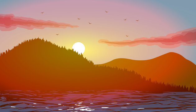 Vector illustration. Beach by the sea with mountains at sunset