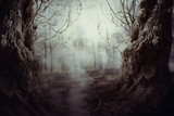 Fototapeta Las - Spooky Tree in Night Mist