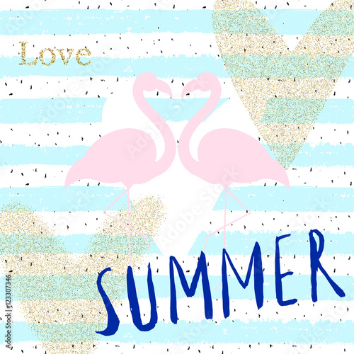 Creativity card with gold glitter flamingo and different hearts