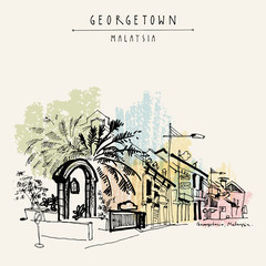 Wall Mural - View of Chulia street in Georgetown, Penang, Malaysia, Southeast Asia. Mosque entrance gate, palm trees. Hand drawing. Travel sketch. Vintage artwork. Book illustration, postcard or poster