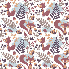 Wall Mural - Seamless cute autumn pattern made with fox, bird, flower, plant, leaf, berry, heart, friend floral nature acorn Rowan mushroom wild