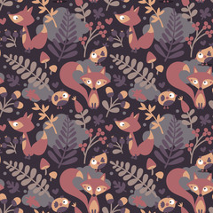 Wall Mural - Seamless cute autumn pattern made with fox, bird, flower, plant, leaf, berry, heart, friend floral nature acorn Rowan mushroom wild