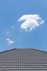 Poster - black tile roof on house with clear blue sky and cloud