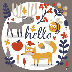 Wall Mural - Cute autumn set with fox, deer, moose, bee, flower, plant, leaf, berry, heart, friend, floral, nature, , acorn, mushroom