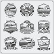 © malashkos - Vector illustration of retro landscapes. Farm fresh food labels, badges, emblems and design elements. Organic, ecology and bio natural design. Set of vintage premium quality labels.
