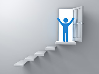 Aufkleber - Businessman on the top of steps or stair to the bright light door abstract on white wall background 3D rendering