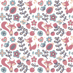 Wall Mural - Seamless cute spring floral pattern made with flowers, fox, birds, plants, strawberry, cherry, berries, leaves, nature, summer