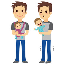 Father On Two Different Actions Holding Baby With Baby Carrier And Holding Baby While Is Crying