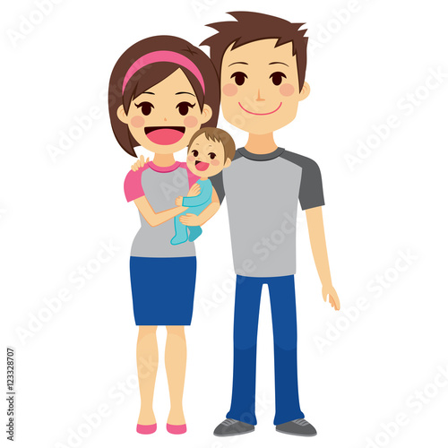 Cute happy young couple holding baby boy standing on white background