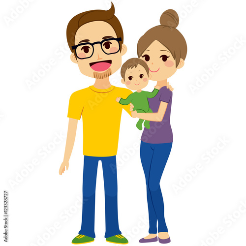 Happy young couple holding baby standing on white background