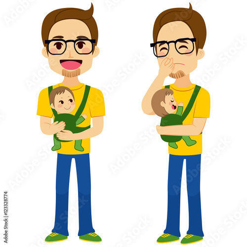 Father on two different poses holding baby with baby carrier and holding upse...