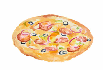 Wall Mural - Isolated watercolor pizza on white background. Tasty italian snack or street food. Italian cuisine.