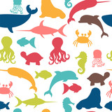 Fototapeta Dinusie - Underwater seamless pattern with fishes, octopus, crab, walrus,