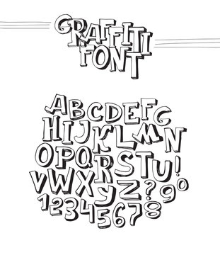 Graffiti font. Abc letters from A to Z and numbers from 0 to 9, isolated on white background. 3d hand drawn alphabet. Black dimentional letters, Handwritten calligraphy with brush and ink.
