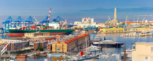 Panorama Of Historical Lanterna Old Lighthouse, Container And Passenger Terminals In Seaport Of Genoa On Mediterranean Sea, Italy.