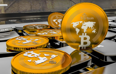 Poster - Bitcoin physical coin symbol on keyboard, 3D illustration