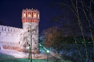 Wall Mural - Beautiful view of tower at Novodevichy Convent at night, Moscow,