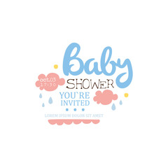 Sticker - Baby Shower Invitation Design Template With Clouds