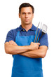 © Eric Hood - Man husband weekend warrior in apron with cooking grilling barbecuing utensils isolated on white background