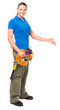© Eric Hood - Attractive woman contractor construction worker do-it-yourself showing explaining gesturing isolated on white background for use alone or as a design element