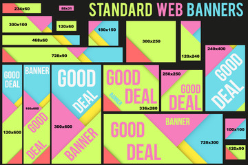 Wall Mural - Standard Size Vector Web Banners Templates with Futuristic Flat material design. Editable Vector illustration Isolated on white background.
