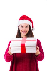 Wall Mural - woman wearing christmas hat and holding gift box, isolated on white background