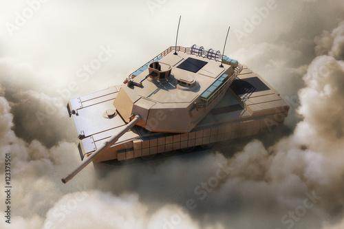 Plakat Ciężki czołg wojskowy na pustyni. Renderowanie 3D. (Skup się na czołgu)