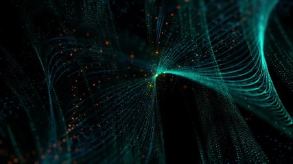 Fototapete - 3d rendering background with twisted particle strings. Dark digital abstract background. Beautiful glowing concept form.
