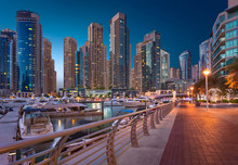 Dubai Marina Towers View By Sunset In The Magical Blue Hour 