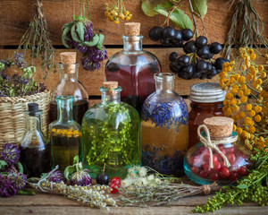 Wall Mural - Bottles of tincture, potion, oil, healthy berries and herbs