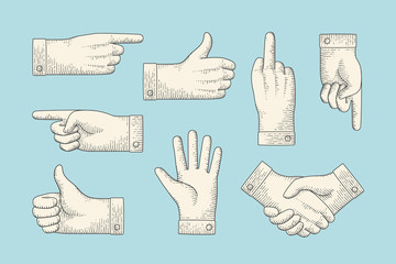 Set of vintage drawing of hand signs with pointing finger, thumbs up, stop, handshake in engraving retro style. Old drawn pointing hand sign, information sign and navigation. Vector Illustration