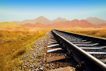 Railway In The Valley. Railway In The Desert. Railroad Through The Mountains. Transportation Theme. Wild Path For Train
