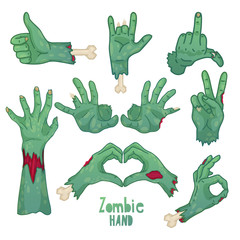 Set of icons, symbols, pin with cartoon zombie hands. Collection of gestures dead zombie hands for the Halloween. Funny hand dead people design elements. Vector.