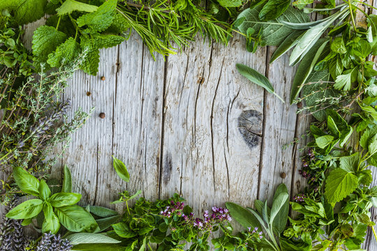 fresh and aromatic herbs in frame on old wooden table. space for text.