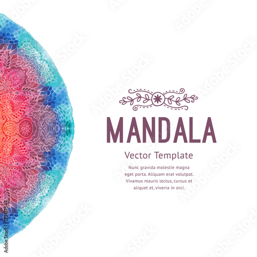 Photo Watercolor mandala, lace ornament made of round pattern in oriental style