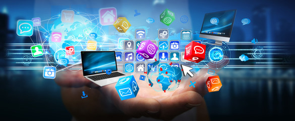 Poster - Icons connected to each other over businessman hand