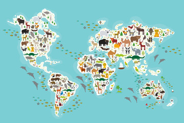 Cartoon animal world map for children and kids, Animals from all over the world, white continents and islands on blue background of ocean and sea. Vector