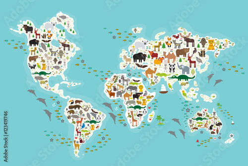 Nowoczesny obraz na płótnie Mapa zwierząt świata dla dzieci