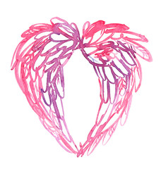 Abstract wings shaped like a heart painted in pink and purple watercolor on clean white background