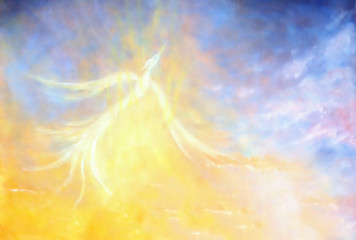 Poster - phoenix bird flying up in the sky, painting graphic collage.