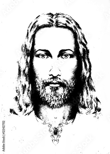graphic drawing of Jesus, with ornament on clothing. Eye contact ...