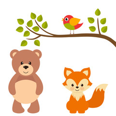 Wall Mural - cartoon bird on a branch and bear and fox