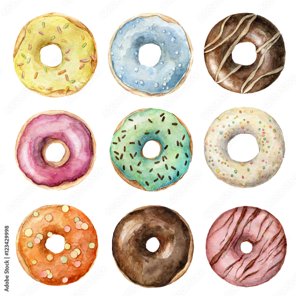 hand painted watercolor set of colorful glazed donuts isolated on white ...