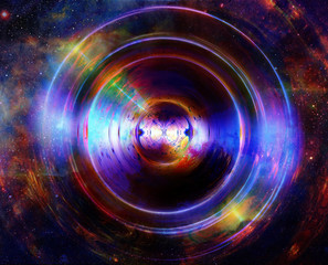 Poster - graphic concept of music in space, cosmic sound waves, computer design, music concept.