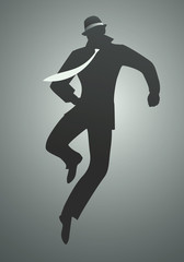 Wall Mural - Elegant silhouette man wearing hat dancing and jumping. Hipster & fashionable