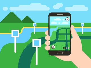 Poster - smartphone with mobile gps navigation system and map pins. vector app game concept