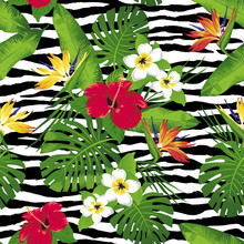 Tropical Flowers And Leaves On Zebra Background. Seamless. Animal Print Fashion.