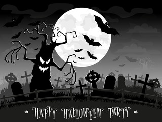 Halloween background. Scary monsters trees on old cemetery backdrop moon, bats and graves. Design for concept banner, poster, cards or invites on party. Cartoon style. Vector illustration