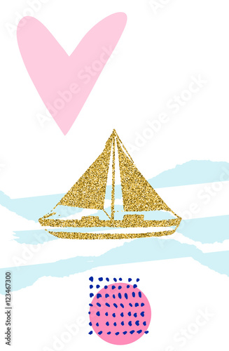 Abstract print with geometrical colorful elements on white background